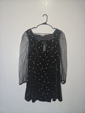Allegra K Star Constellation Black Velvet Dress - Puff Mesh Sleeve Party Mini L